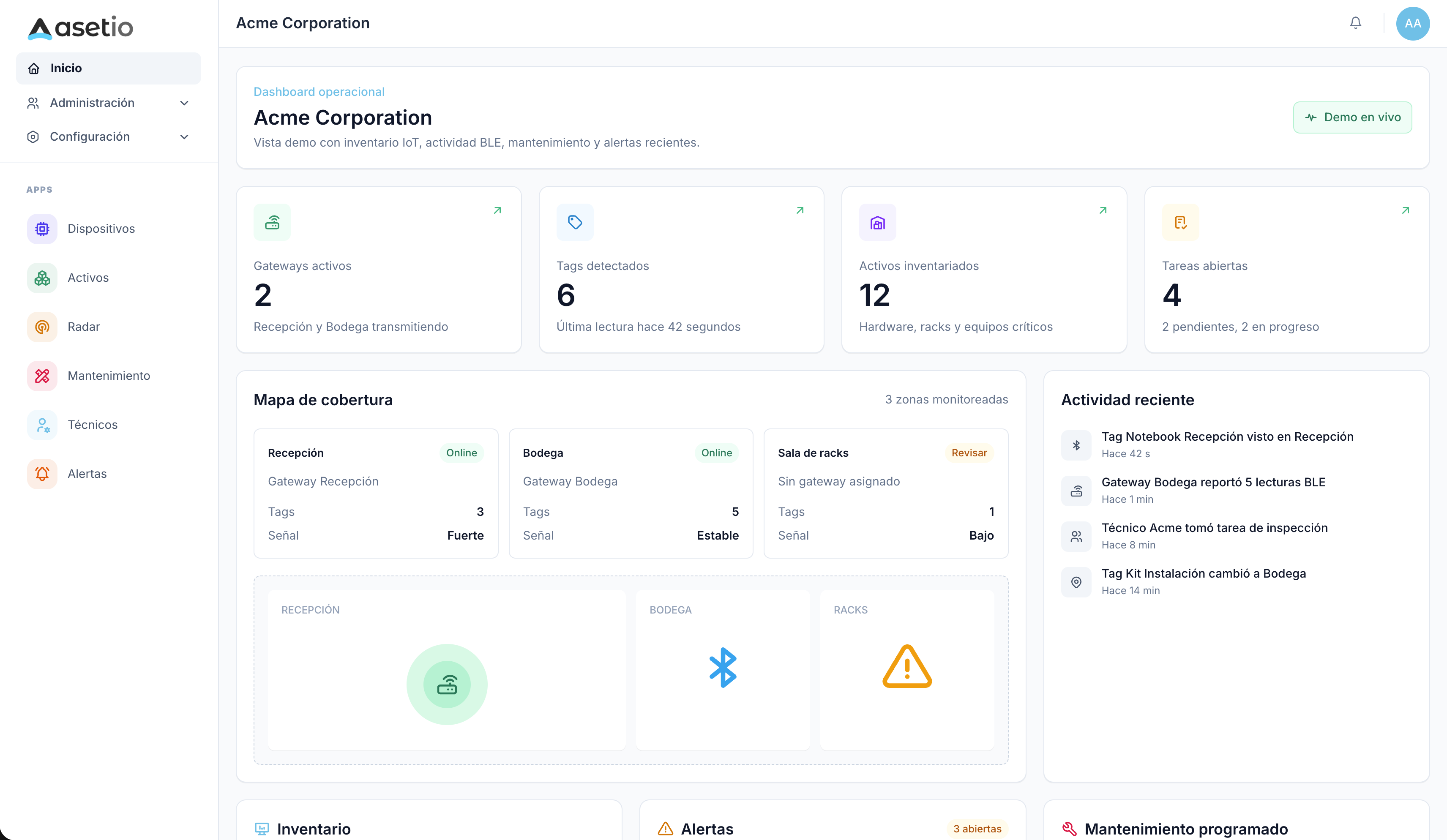 Vista previa del dashboard operacional de Asetio